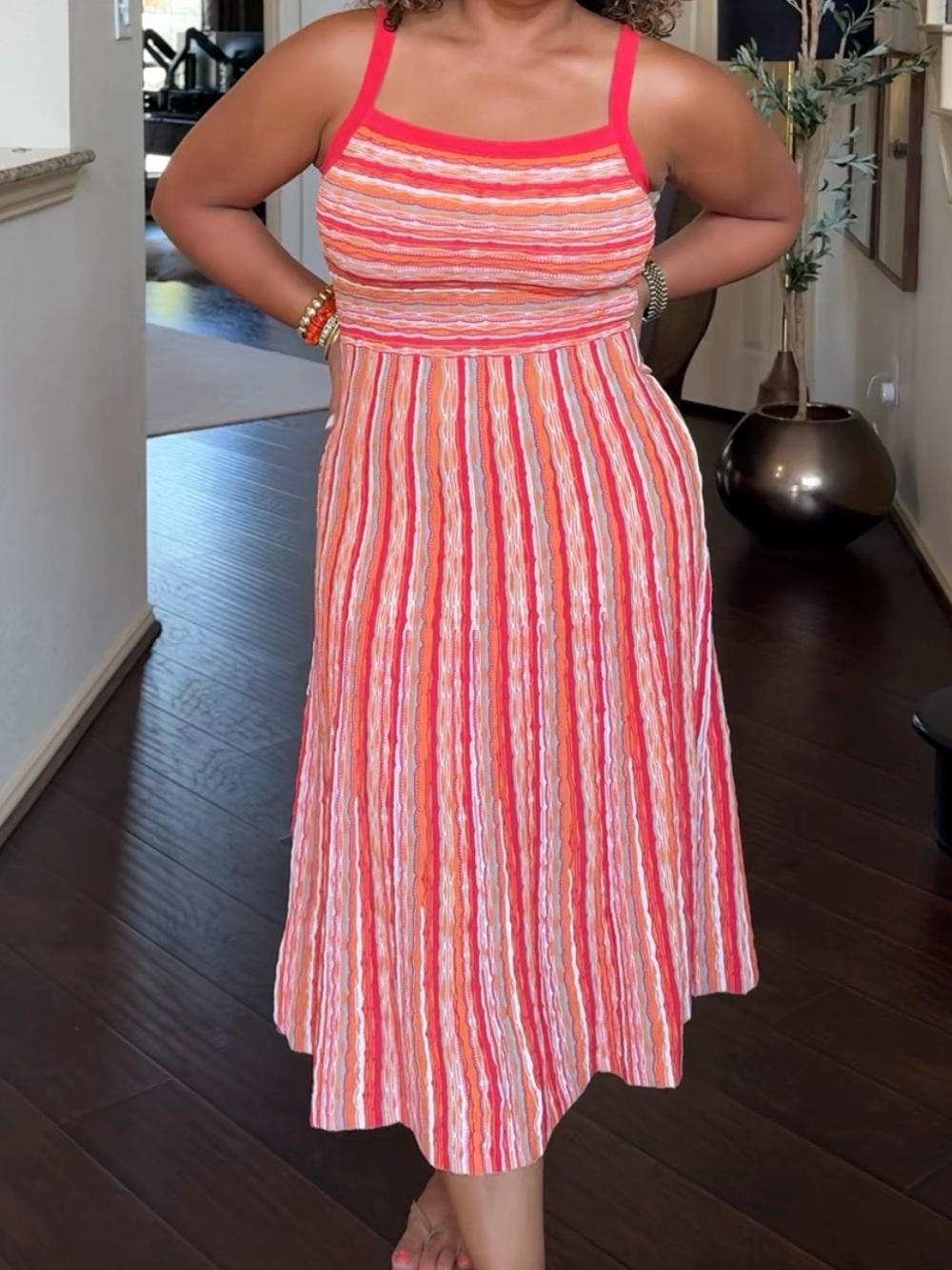 Commense Coral and Cream Striped Midi Dress